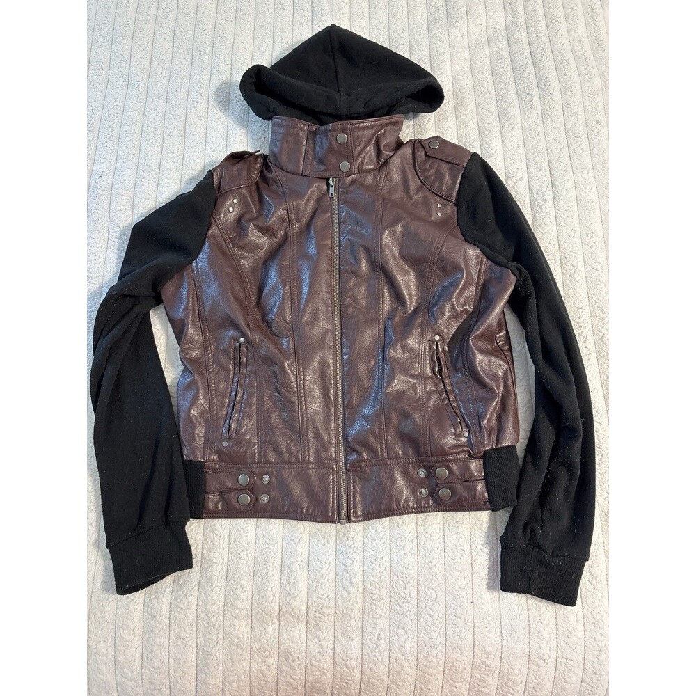 BSWEET Leather sweatshirt Jacket Girls size XL Brown Faux leather black hoodie